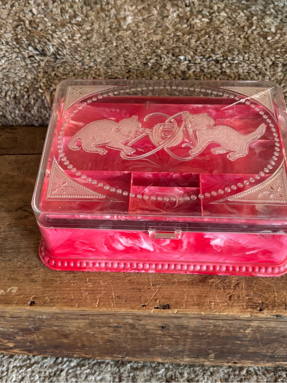 Red Decorative Lucite Jewelry Box with Embossed Cat Motif